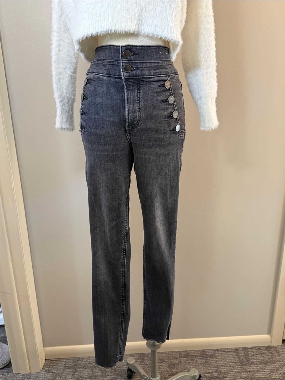 Express High-Waist Skinny Jeans with Side Button Detail — Gray